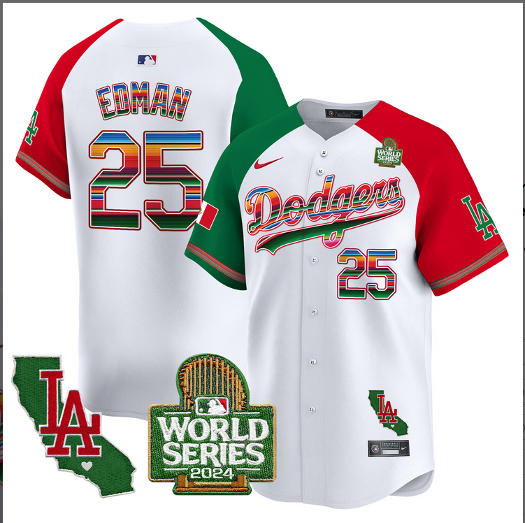 Men MLB Mexico Los Angeles Dodgers 25 Edman white 2024 World Series Champions Patch Jersey 2024110